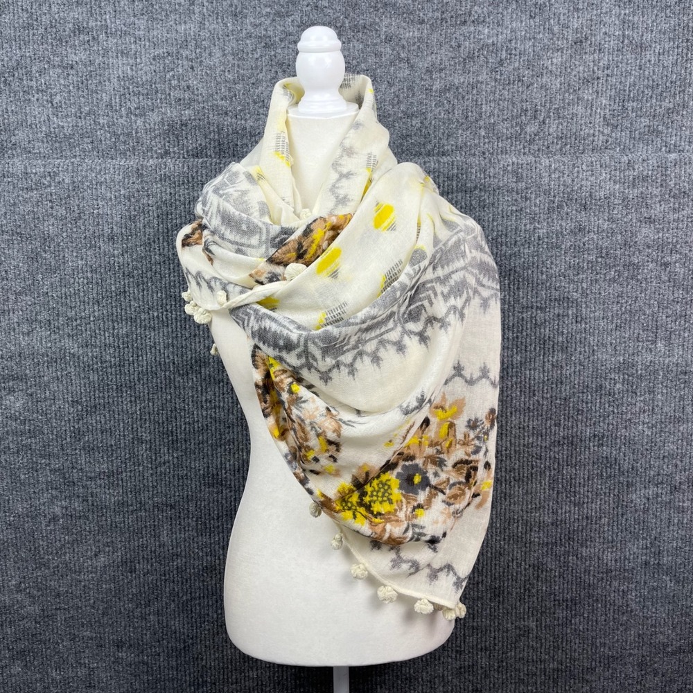 Boho Floral Scarf Wrap Shawl Ikat Cream Gray Yellow Pom Pom Trim Lightweight